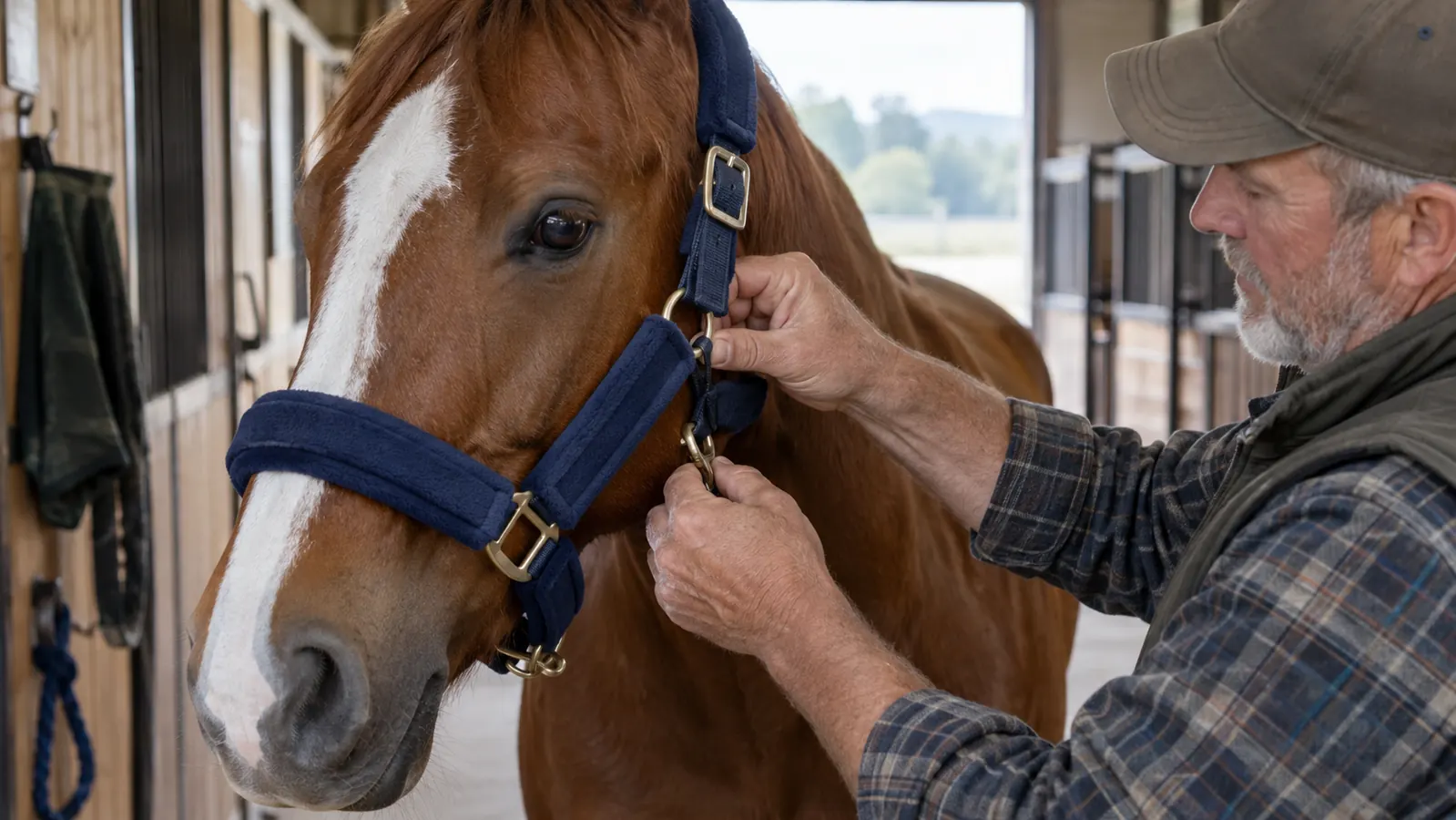 A rider's hands buckling a padded halter onto a calm horse at the barn.