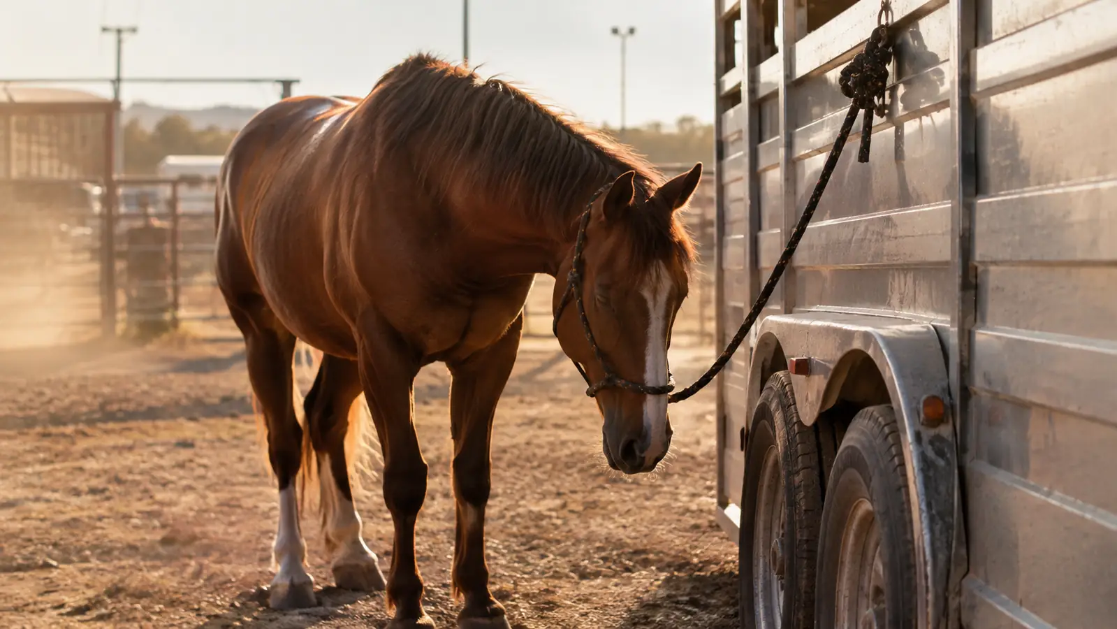 A horse tied to the side of a two-horse trailer, dozing in the afternoon sun at a rodeo grounds.