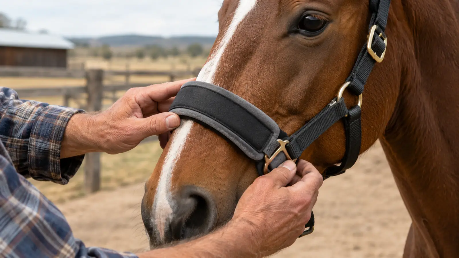 A hand adjusting the padded noseband of a halter on a horse