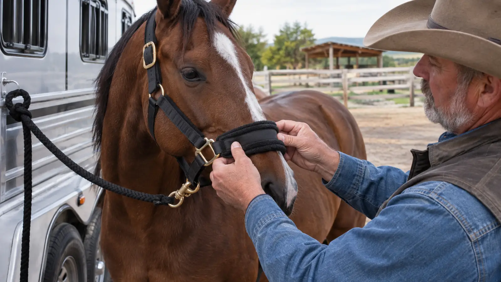 A person's hand adjusting the padded noseband of a halter on a horse tied to a trailer