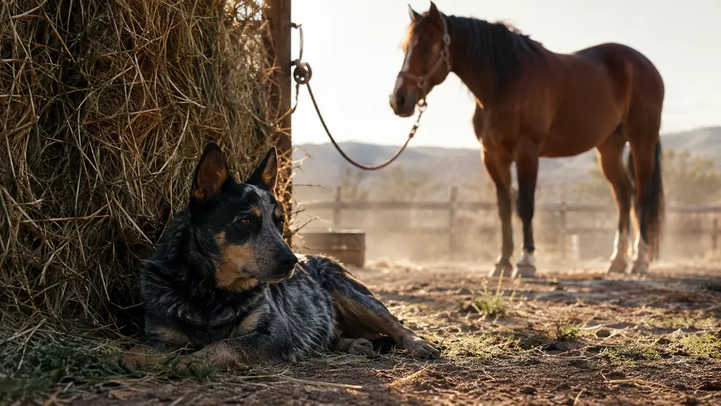 A large dog resting on the ground next to a hay bale while a horse stands tied nearby