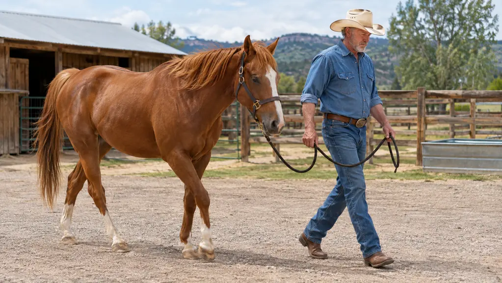 A rider leading a large horse by a padded halter and lead rope across a ranch yard
