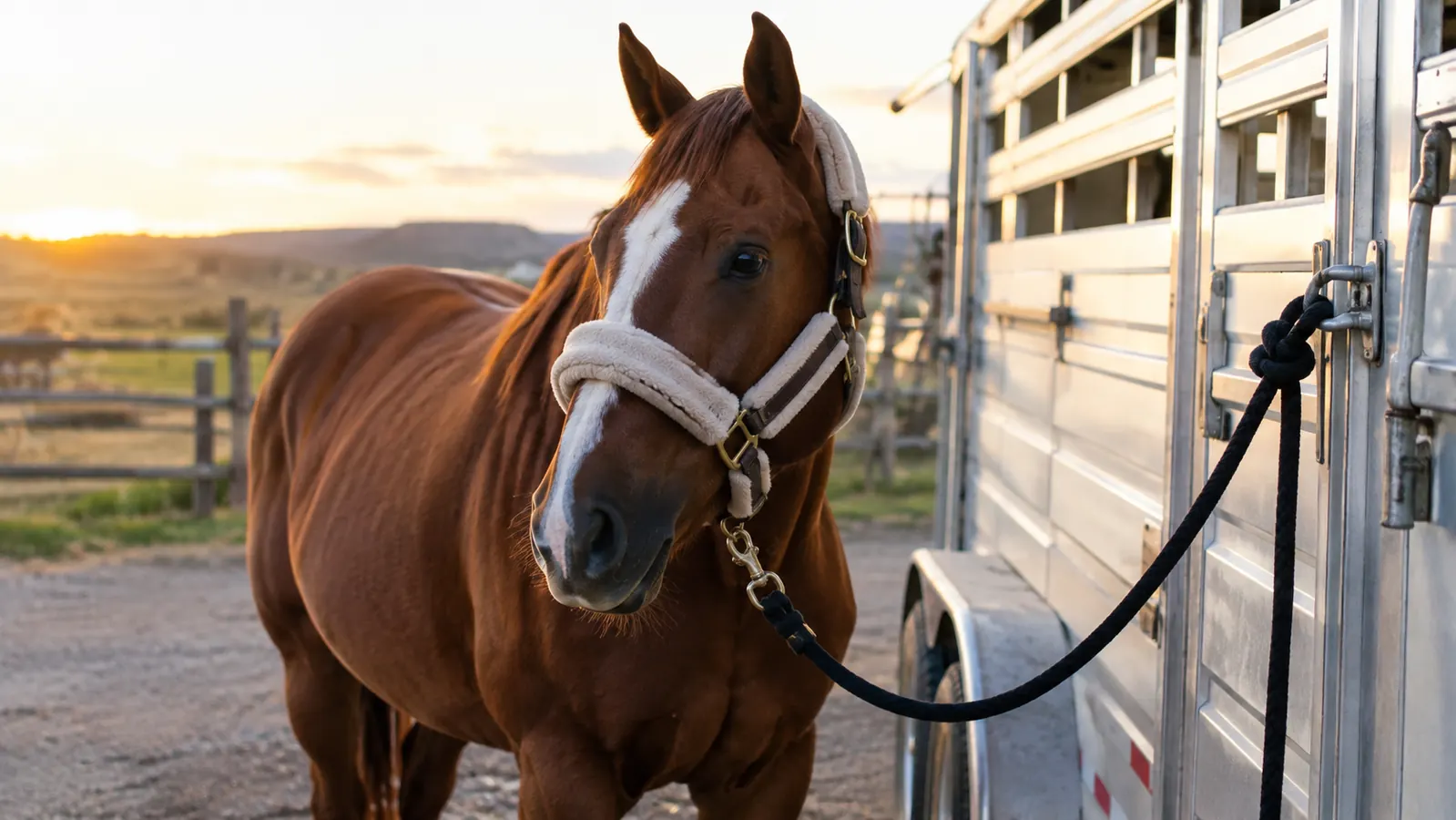A horse tied to a stock trailer, wearing a padded halter and lead rope, in late afternoon light